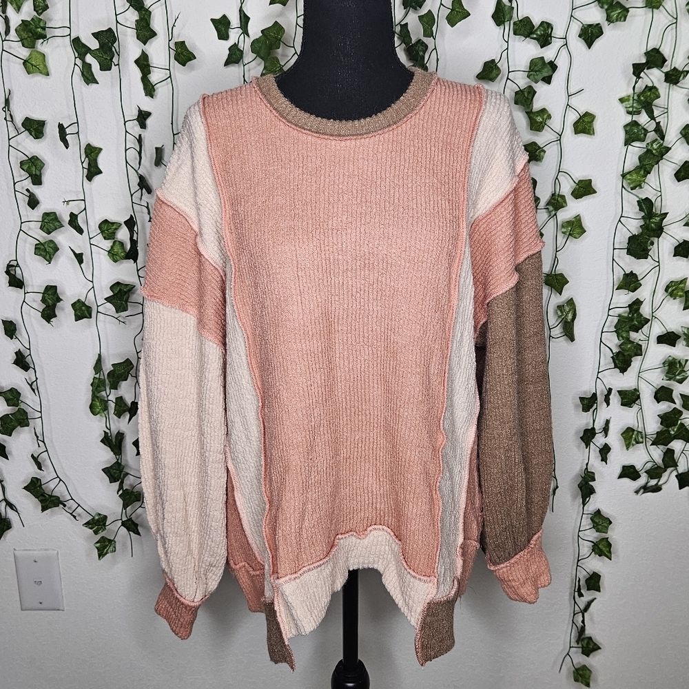 NWOT Fantastic Fawn Chunky Textured Wool Neutral Colorblock Oversize Crewneck